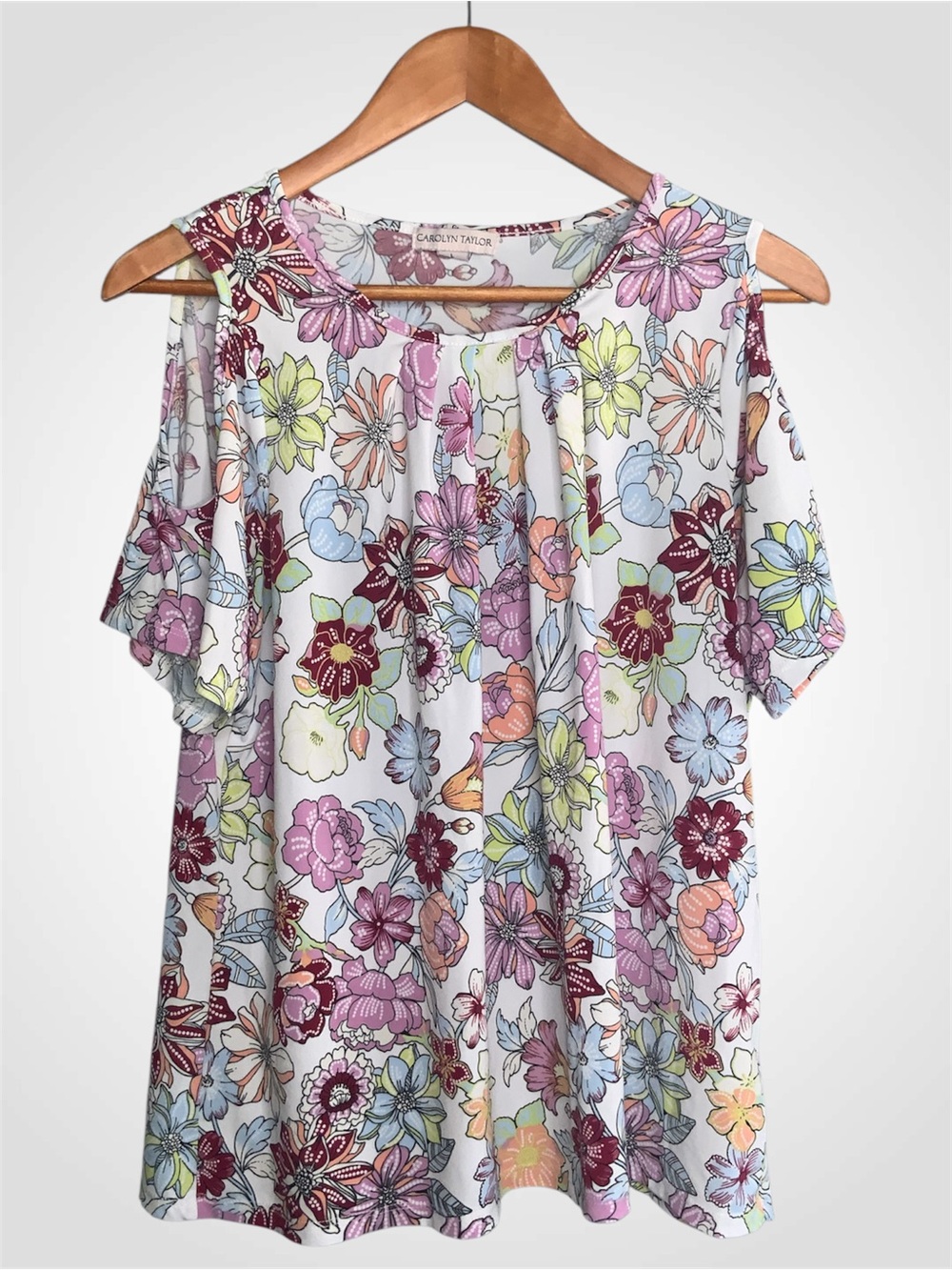 Carolyn Taylor Multicolor Floral Short Cold-Shoulder Blouse Large
